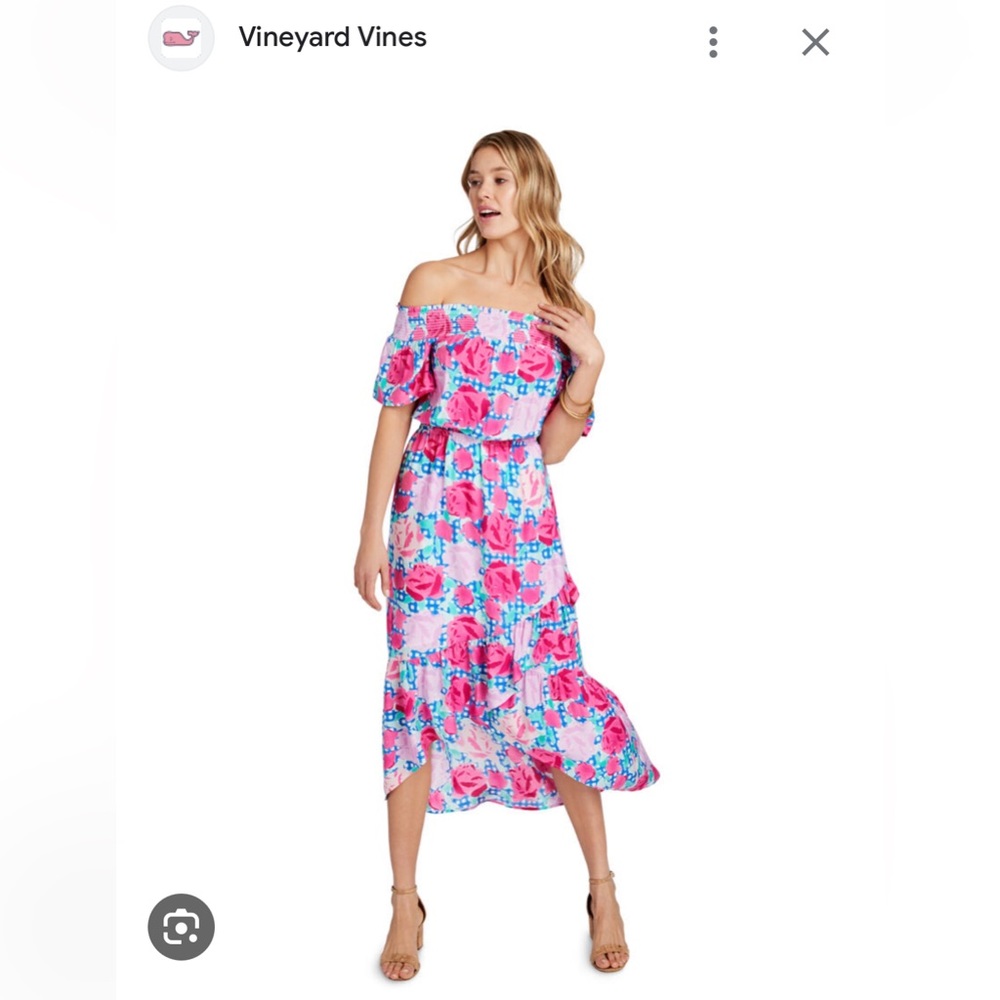 Vineyard Vines Run for the Roses off the shoulder high-low dress